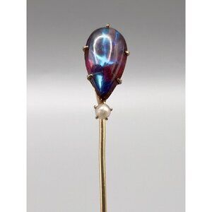 Antique Tear Shaped Dragons Breath Cabochon Pearl Accent 9K Gold Stick Pin